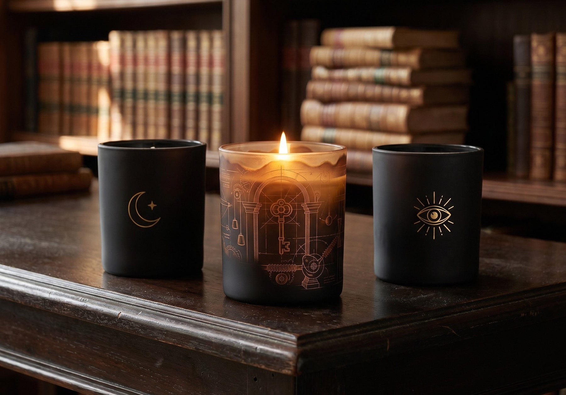 Three black candles arranged on a wooden table